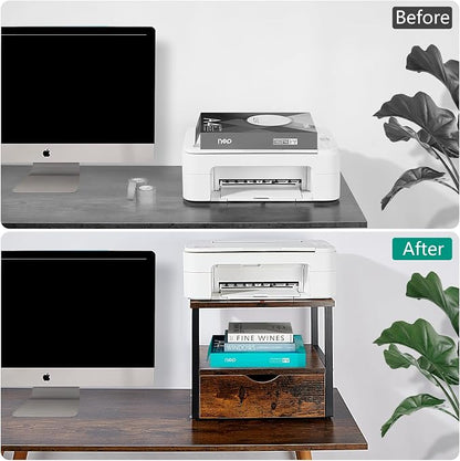 2 Tier Desktop Printer Stand,Printer Stand with Drawers,Printer Shelf for Top of Desk ，Multi-Purpose Desk Organizer for Home Office, Fit Fax Machine, Scanner,Rustic Brown