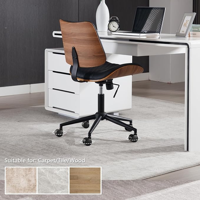 Home Office Chair No Arms with Wheels, Adjustable Height Small Desk Chair, PU Leather Mid Back 360 Swivel Computer Chair, Armless Modern Walnut Chair for Office, Reading Meeting Room(Black)