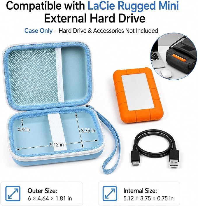 Case Compatible with LaCie Rugged Mini 1TB/ 2TB/ 4TB/ 5TB External Hard Drive Portable HDD, Storage Holder for Hard Drives for Mac and PC Computer & USB 3.0 2.0 Cable SD Cards (Blue)
