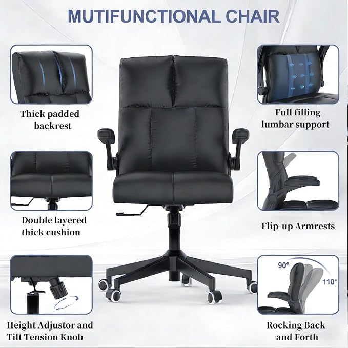 balmstar Leather Office Chair Computer Desk Chair, 360° Swivel Rolling Wheels, Adjustable Tilt Angle 90°-135° with Lumbar Support Executive Chair for Home Office with 350LBS Capacity（Black）