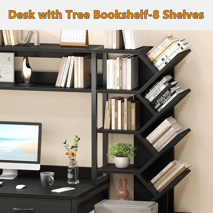 YOMILUVE Reversible Computer Desk with Hutch, Home Office Desk with 5 Drawers and Bookshelf, 52'' Study Writing Desk with Storage Shelves for Bedroom Home Office, Black