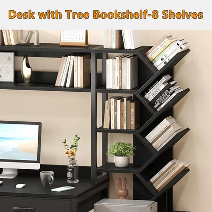 YOMILUVE Reversible Computer Desk with Hutch, Home Office Desk with 5 Drawers and Bookshelf, 52'' Study Writing Desk with Storage Shelves for Bedroom Home Office, Black