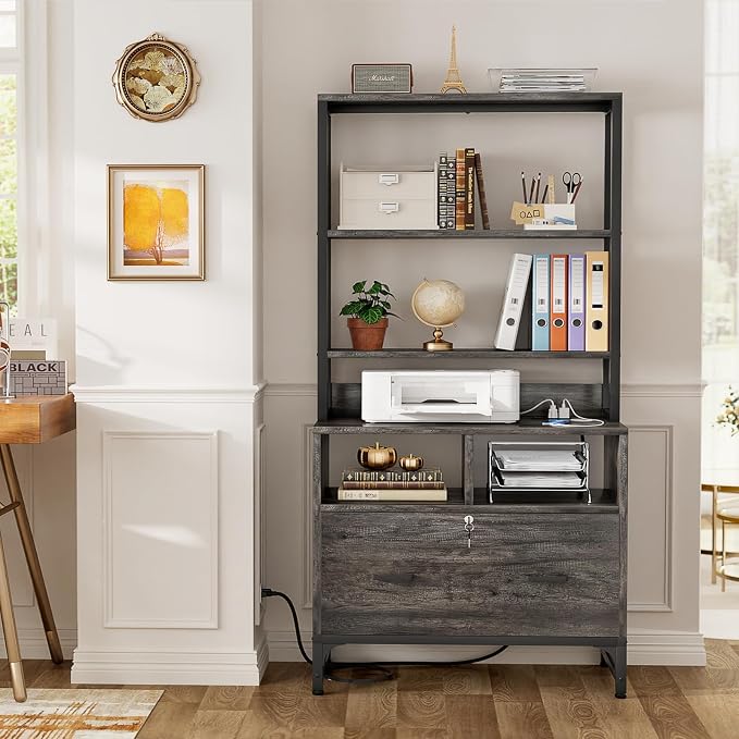 Homieasy File Cabinet with Charging Station, Vertical Filing Cabinet with Lock & Large Drawer, Printer Stand with Storage Shelves, Office Storage Cabinet fits Letter/A4/Legal Size, Grey