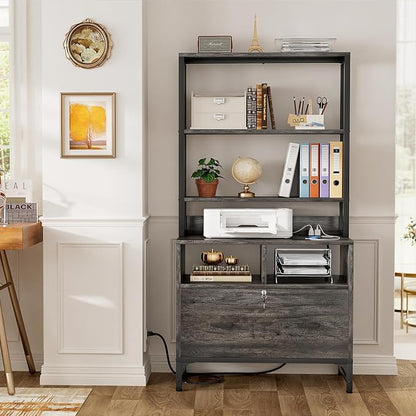 Homieasy File Cabinet with Charging Station, Vertical Filing Cabinet with Lock & Large Drawer, Printer Stand with Storage Shelves, Office Storage Cabinet fits Letter/A4/Legal Size, Grey
