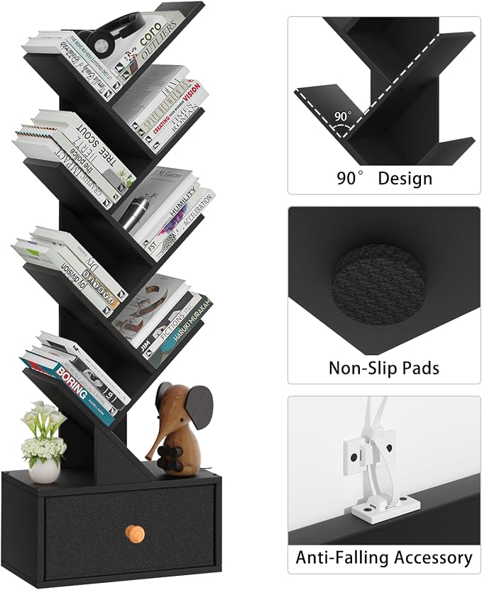 SHEEPAM 8 Tier Tree Bookshelf with Drawer, Free Standing Wood Bookcase for Living Room, Bedroom, Home Office, Space Saving Storage Organizer Bookshelves for Books, CDs, Vinyl Records- Black