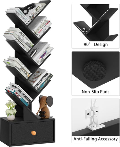 SHEEPAM 8 Tier Tree Bookshelf with Drawer, Free Standing Wood Bookcase for Living Room, Bedroom, Home Office, Space Saving Storage Organizer Bookshelves for Books, CDs, Vinyl Records- Black
