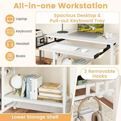Giantex Rolling Computer Desk, Mobile Portable Desk with Keyboard Tray & Wheels, Laptop PC Table Cart with Shelf & Hooks, Industrial Small Desk for Small Spaces, Home Office, Bedroom, White