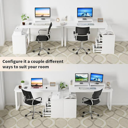 MaverickFurni 55" White Desk with Drawers and Shelves, Reversible L Shaped Desk with Monitor Stand, Home Office Desk with Storage for Work Writing Study, White