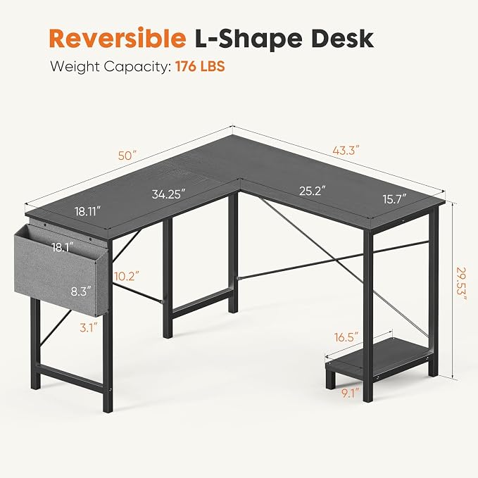 Sweetcrispy L Shaped Desk - Computer Gaming Desk Corner Desk | PC Table Organizer with CPU Stand Side Bag for Home Office Dorm Sturdy, Writing Workstation, Black, 50-Inch