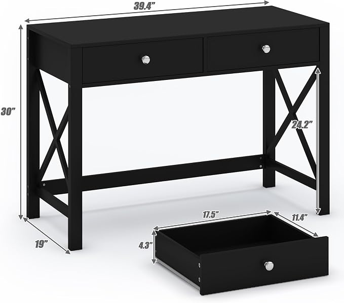 WiberWi Home Office Desk with Drawers, Modern Writing Computer Desk for Bedroom, Small Makeup Vanity Table Study Table for Home Office,Black