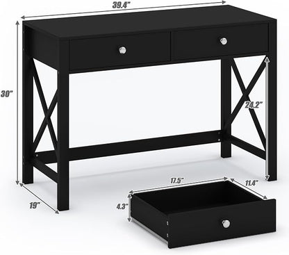 WiberWi Home Office Desk with Drawers, Modern Writing Computer Desk for Bedroom, Small Makeup Vanity Table Study Table for Home Office,Black