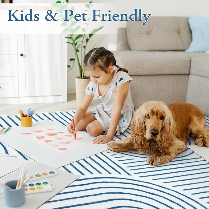 Lahome Abstract Washable Area Rugs 5x7, Soft Blue Rugs for Living Room Ultra-Thin Non-Shedding Bedroom Rug, Modern Throw Rug Large Carpet for Dining Room Classroom Office Darrell(5'x7',Blue/White)