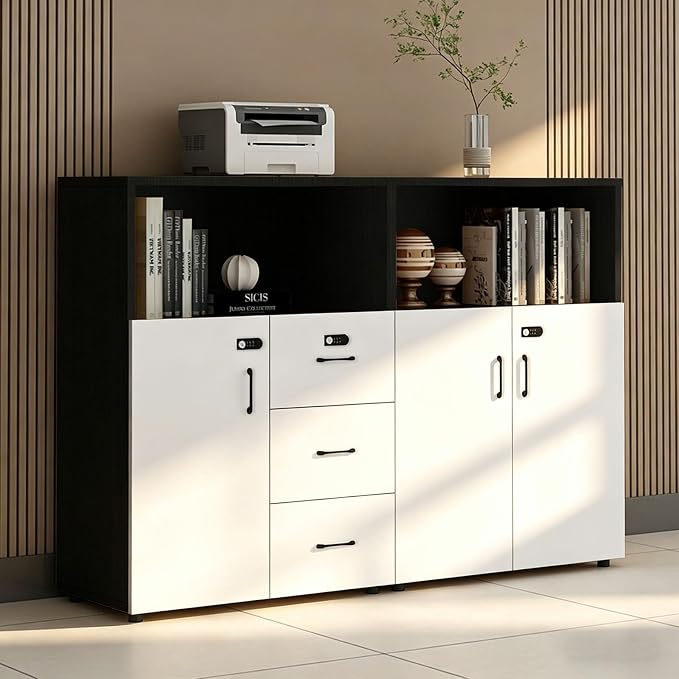 File Cabinet with Password Lock, Wood Lateral Filing Cabinet for Letter/A4 Files, 3 Drawer with Door, Printer Stand with Open Shelves for Home Office
