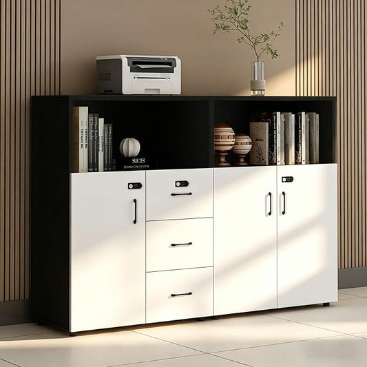 File Cabinet with Password Lock, Wood Lateral Filing Cabinet for Letter/A4 Files, 3 Drawer with Door, Printer Stand with Open Shelves for Home Office