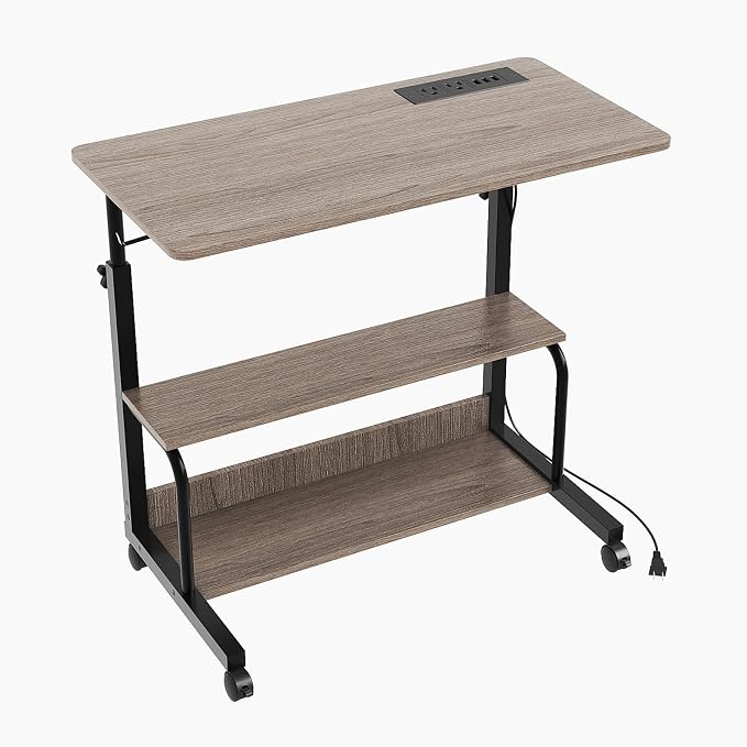 VINGLI 31.5" Mobile Small Standing Desk, Adjustable Height Mobile Computer Desk, w/2 AC Outlets + 3 USB Ports & Hooks, Storage Shelves, Suitable for Gaming, Studying, Home Office, Gray