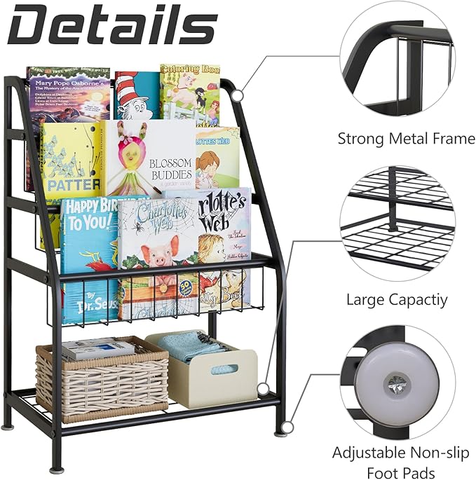 aboxoo Kids Bookshelf Todder Freestanding for Children Room 18 inches Small Toddler Bookcase Toy Organizer Play Black Stable Bookcase Bookstore Library Book Unit Storage for Small Place,Black