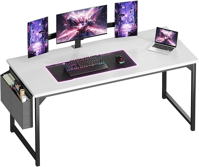 OLIXIS 63 Inch Computer Desk for Home Office, Writing Study Craft Gaming Table, Modern Computer Workstation with Storage Bag for Bedroom Small Spaces, White
