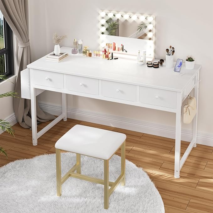 Lufeiya 47 Inch White Computer Desk with Fabric Drawers for Home Office Bedroom, Vanity Desk with Drawer Storage and Side Pouch, Study Writing Table, White