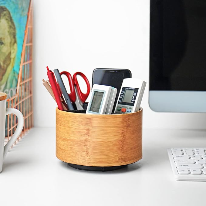 Round Leather Art Supply Organizer,Remote Control Holder,360 Degree Spinning,Multi-Functional Pencil Holder,4 Compartments Desktop Stationary Organizer(1-Beige2)