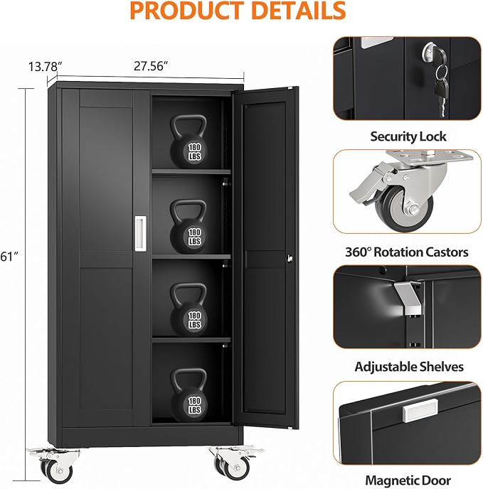 pozdeg 61" Metal Garage Storage Cabinets with Wheels, Lockable Rolling File Cabinets with 2 Doors and 3 Adjustable Shelves, Steel Tool Organizer Locker for Office Home Garage Gym School, Black