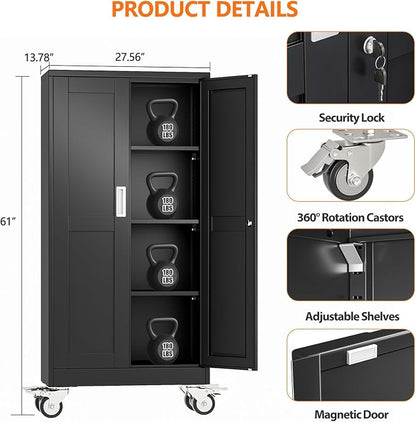 pozdeg 61" Metal Garage Storage Cabinets with Wheels, Lockable Rolling File Cabinets with 2 Doors and 3 Adjustable Shelves, Steel Tool Organizer Locker for Office Home Garage Gym School, Black