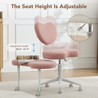 Cross Legged Office Chair, 360° Swivel Yoga Meditation Chair, Ergonomic Height Adjustable ADHD Criss Cross Office Chair with Wheels, Lumbar Support for Home Office, Pink
