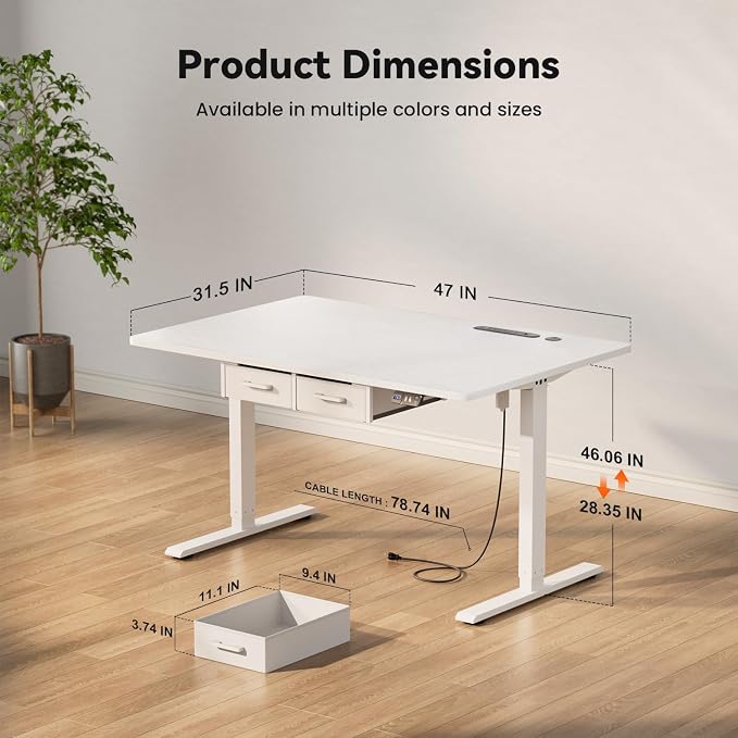 HLDIRECT Electric Standing Desk with Outlets & 2 Drawers, White | 47" x 31.5", 176lb, 28.35"-46.06" height range, 3 memory presets, home office ergonomic workstation