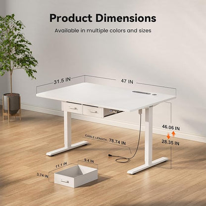HLDIRECT Electric Standing Desk with Outlets & 2 Drawers, White | 47" x 31.5", 176lb, 28.35"-46.06" height range, 3 memory presets, home office ergonomic workstation