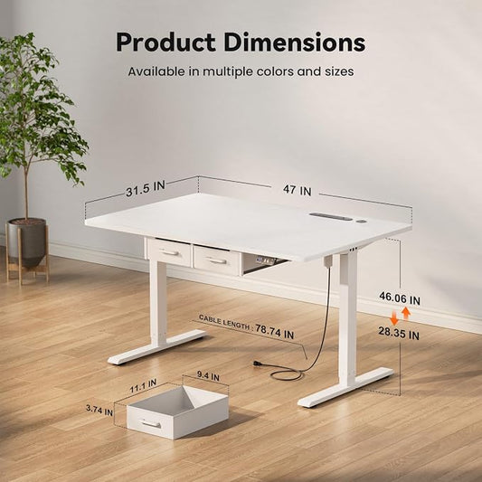 HLDIRECT Electric Standing Desk with Outlets & 2 Drawers, White | 47" x 31.5", 176lb, 28.35"-46.06" height range, 3 memory presets, home office ergonomic workstation