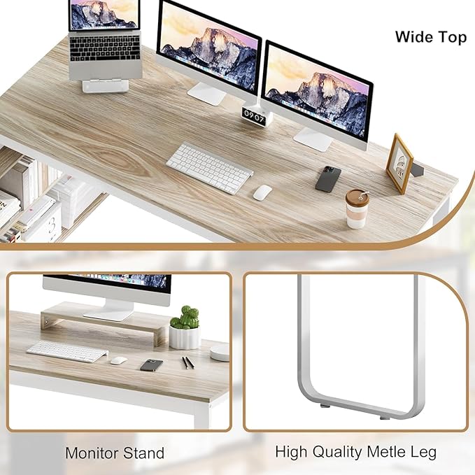 MaverickFurni 55" L Shaped Desk with Drawers and Shelves, Home Office Desk with Monitor Stand for Work Writing Study, Reversible Corner Desk with Storage, White and Walnut
