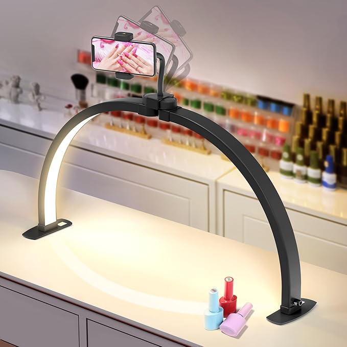Yokilly Half Moon Light for Nail Desk: 29" Foldable Half Moon Nail Desk Lamp with Phone Holder for Beginner - Arch Tech Light with 3 Color Modes & 10 Brightness for Manicure Salon (Black, Large)