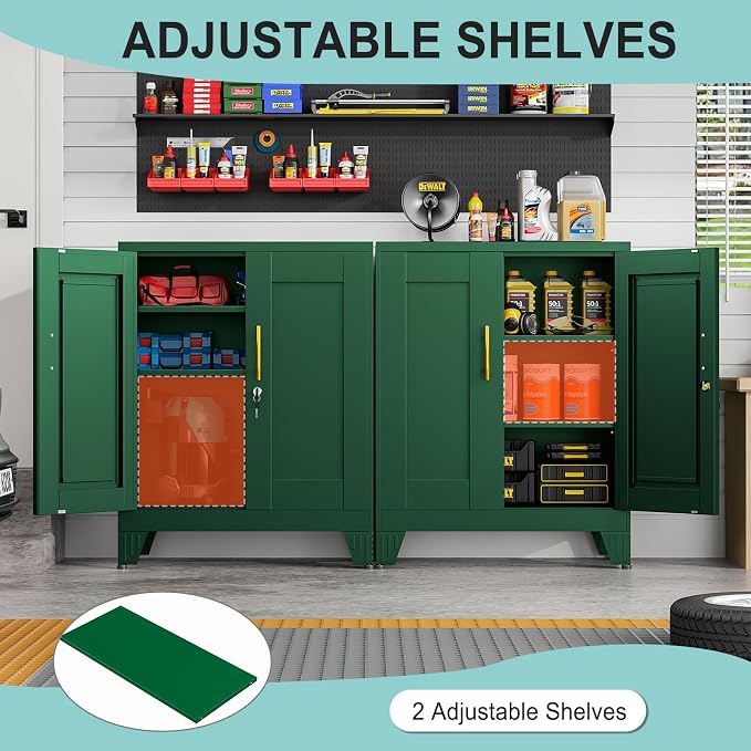 pozdeg 35.43" Metal Storage Cabinet with Lock, Metal File Cabinet with 2 Doors ＆ 2 Adjustable Shelves, Steel Locker Utility Tool Garage Cabinets for Home, Office, Warehouse (Green)
