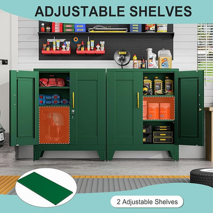pozdeg 35.43" Metal Storage Cabinet with Lock, Metal File Cabinet with 2 Doors ＆ 2 Adjustable Shelves, Steel Locker Utility Tool Garage Cabinets for Home, Office, Warehouse (Green)