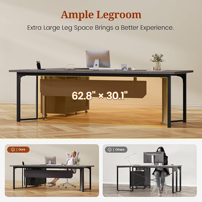 UPOSOJA 63" Executive Desk with Mobile File Cabinet, Large Office Desk with Drawer, Modern L Shaped Desk with Power Outlets, Storage Shelves, Corner Computer Desk Business Workstation Set (Grey)
