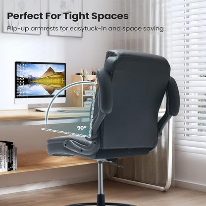 MAHOMICO Drafting Chair for Standing Desk – Tall Office Chair with Adjustable Height & Foot Ring, Flip-Up Arms, Lumbar Support – Comfortable Leather Seat, Ideal Home Desk Chair