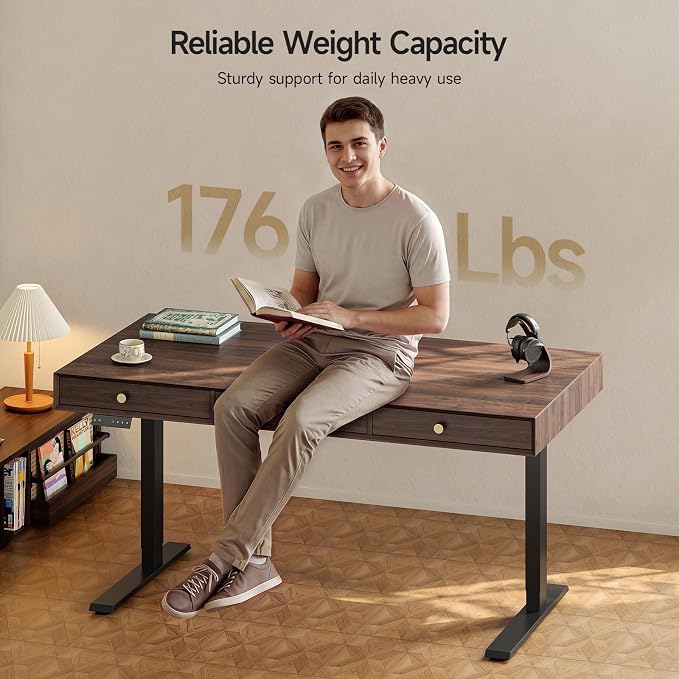 Electric Standing Desk with 3 Drawers, 55 x 24 Inch Height Adjustable Stand up Desk with Storage and Widened Legs, Retro Home Office Desks with Memory Controller for Computer Workstation, Walnut