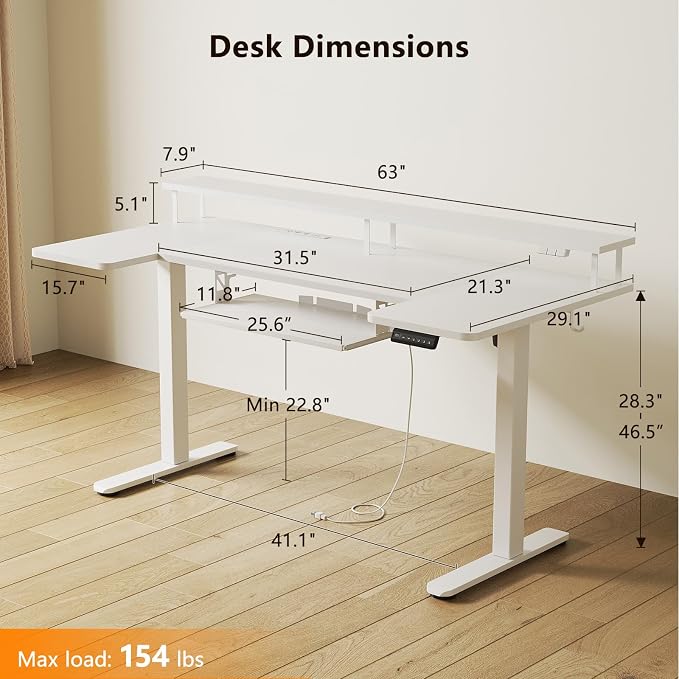 OffiGo U Shaped Electric Standing Desk with Keyboard Tray, 63 Inch Height Adjustable Desk with Power Outlets & LED Lights, Sit Stand Table with Monitor Stand for Home, Office, White