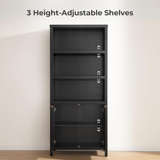 SICOTAS Bookcase 71" Tall Bookshelf 5 Tier Rattan Boho Bookcase with Doors Storage Large Book Case Shelf Farmhouse Bookshelves Library Book Shelves for Living Room Bedroom Home Office Kitchen