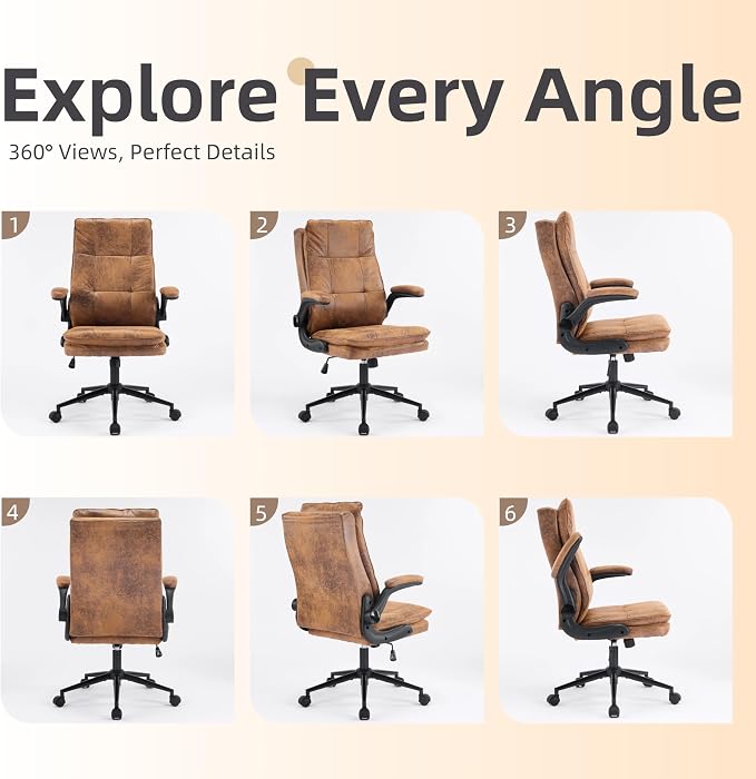 VINGLI Comfy Brown Leather Office Desk Chair,Ergonomic High-Back Computer Gaming Chair with Replaceable Wheels,Dual-Base,Adjustable Height&Armrests,360 Swivel Task Chair for Home Office,Vintage,Rustic