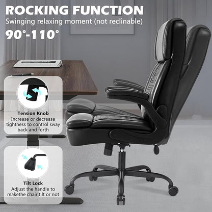 450lbs Executive Office Chair for Heavy People, Ergonomic Big and Tall Desk Chair with Adjustable Lumbar Support&Flip Up Armrest,High Back PU Leather Comfy Swivel Computer Chair