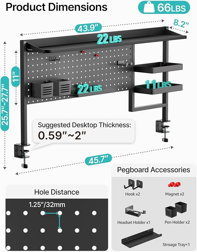 PEGZONE Clamp on Desk Shelf, 44" Desktop Shelving System, Black | with Pegboard and Accessories, Desktop Organizer with 2-Tier Shelf, Desk Pegboard for Office Home Gaming