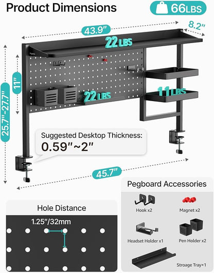 PEGZONE Clamp on Desk Shelf, 44" Desktop Shelving System, Black | with Pegboard and Accessories, Desktop Organizer with 2-Tier Shelf, Desk Pegboard for Office Home Gaming