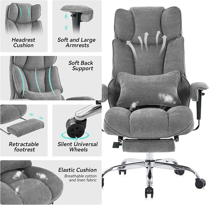 Efomao Executive Office Chair 400lbs, Grey Fabric Big and Tall Desk Chair | Breathable fabric, pocket spring & foam seat, retractable footrest, 135° recline for computer gaming setup