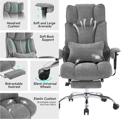 Efomao Executive Office Chair 400lbs, Grey Fabric Big and Tall Desk Chair | Breathable fabric, pocket spring & foam seat, retractable footrest, 135° recline for computer gaming setup