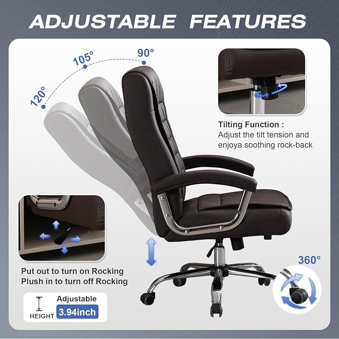 Executive Office Chair Adjustable Leather Chair High Back Swivel Office Desk Chair with Padded Armrest 350lbs Load-Bearing Spring Seat Computer Desk Chair for Home Office, Brown