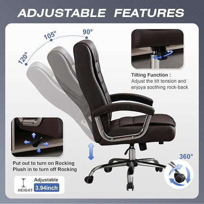 Executive Office Chair Adjustable Leather Chair High Back Swivel Office Desk Chair with Padded Armrest 350lbs Load-Bearing Spring Seat Computer Desk Chair for Home Office, Brown