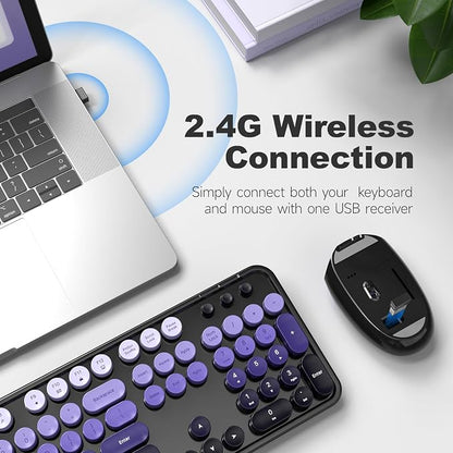 Wireless Keyboard and Mouse Combo, MOWUX Colorful Computer Full Size 2.4G Plug and Play Wireless Typewriter Keyboard and Mouse Set for Computer, Desktop, PC (Black& Purple Gradient)