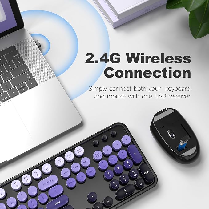 Dilter Wireless Keyboard and Mouse Combo, 104 Keys Full Size Typewriter Keyboards, 2.4G USB Plug and Play for Windows 7 8 10 11, PC, Laptop, Desktop, Black & Purple