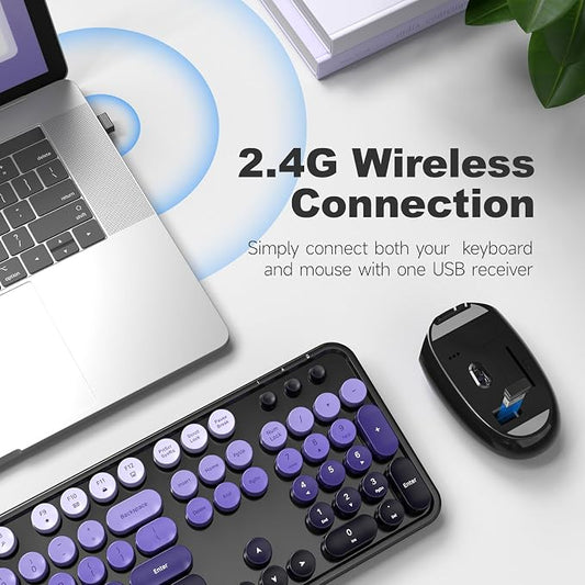 Dilter Wireless Keyboard and Mouse Combo, 104 Keys Full Size Typewriter Keyboards, 2.4G USB Plug and Play for Windows 7 8 10 11, PC, Laptop, Desktop, Black & Purple