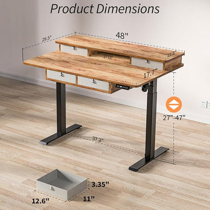 Kingant 48 x 30 Inch Electric Standing Desk with 4 Drawers, Adjustable Height Computer Desk for Home Office, Large Workstation Sit Stand Up Desk with Built-in USB A/C Ports, Light Rustic Brown